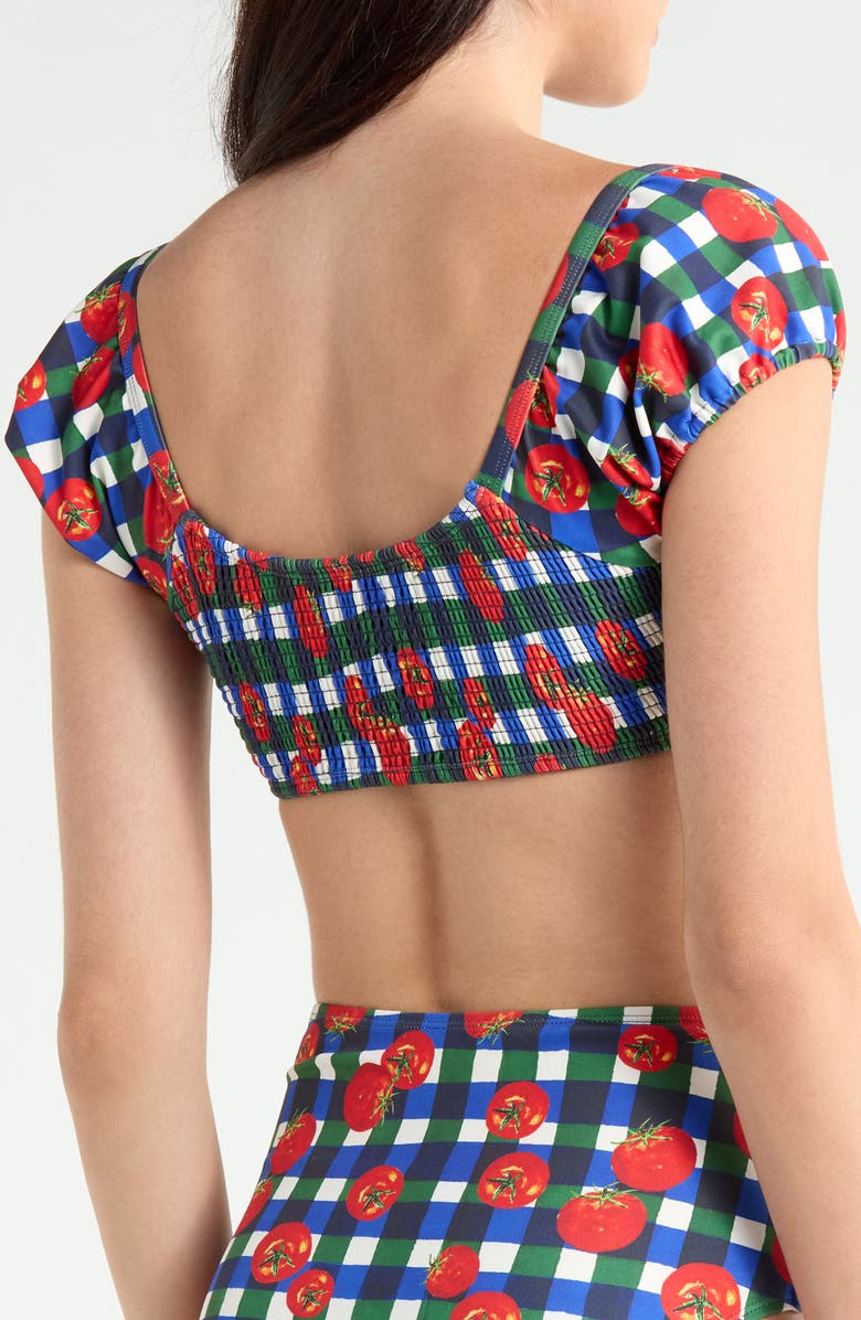 Hutch Smocked Puff Sleeve Bikini Top, Alternate, color, Gingham Tomatoes Blue/ Green