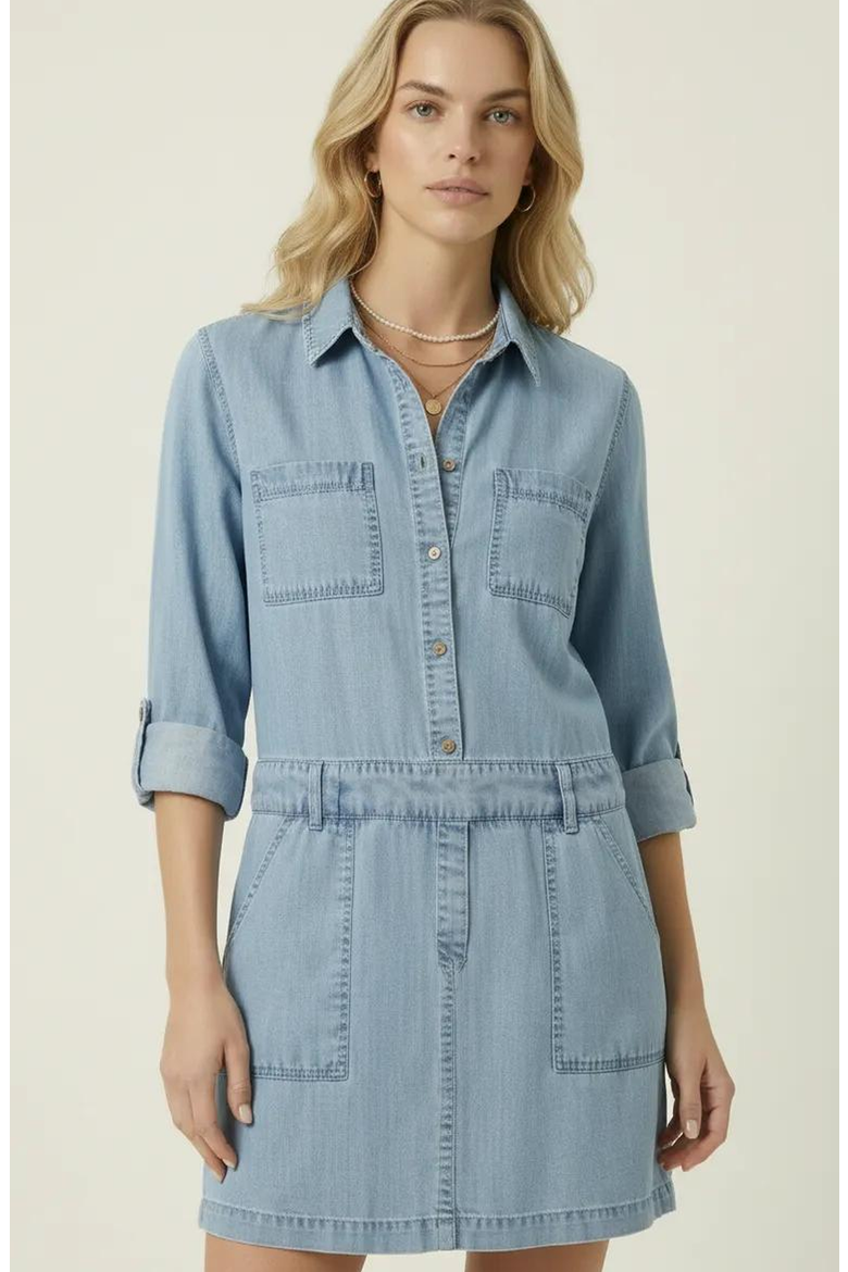 Button-Front Long Sleeve Denim Mini Dress, Alternate, color, Light Wash Blue