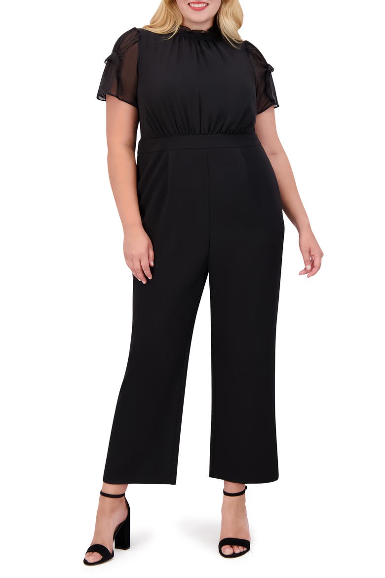 Chiffon Short Sleeve Stretch Crepe Jumpsuit, Main, color, BLACK
