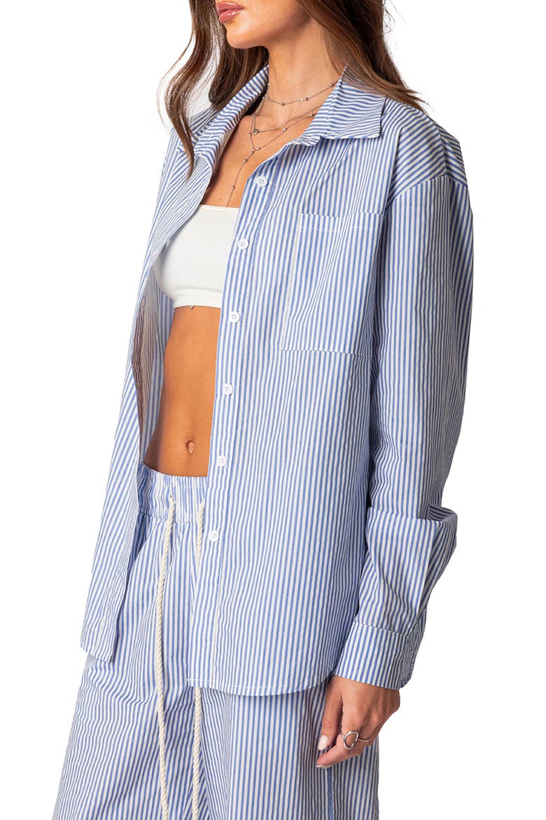 Oversize Pinstripe Cotton Button-Up Shirt, Alternate, color, BLUE