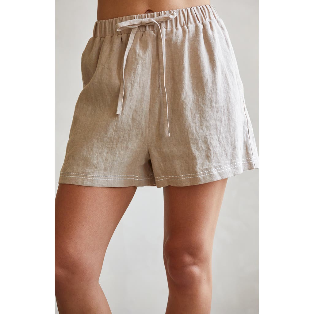 Crescent Contrast Stitch Linen Shorts In White