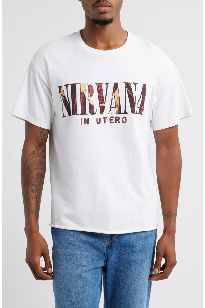 Nirvana In Utero Oversize Crop Cotton Graphic T-Shirt, Main, color, WHITE OVERDYE TEE