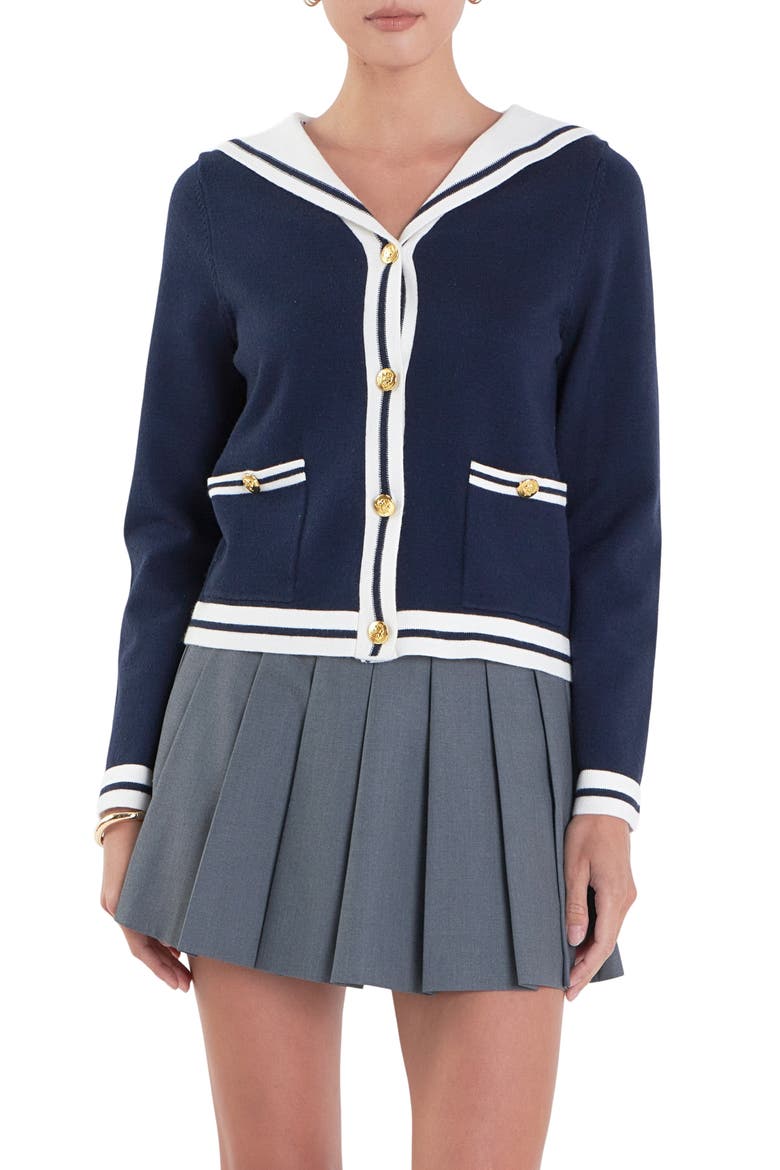 Contrast Collar Sailor Cardigan, Main, color, NAVY/ WHITE