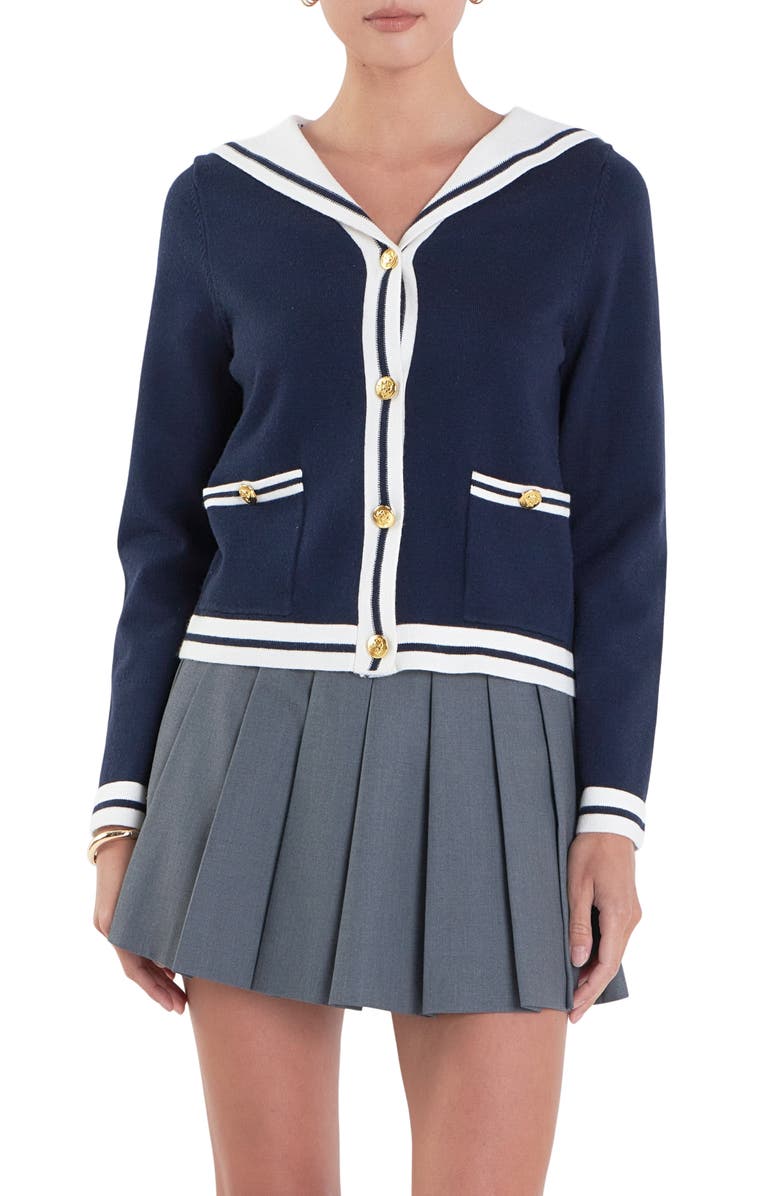English Factory Contrast Collar Sailor Cardigan, Main, color,