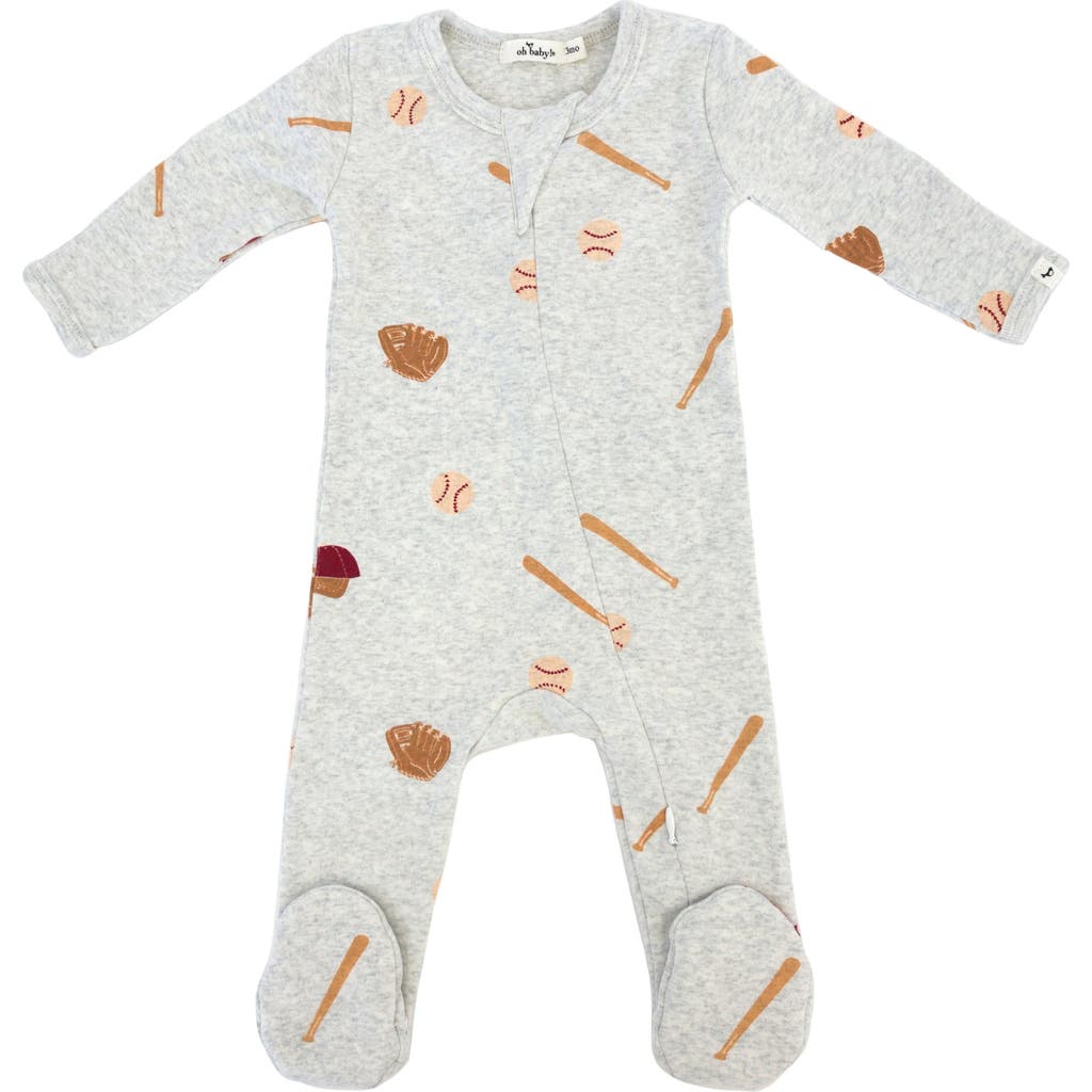 Oh Baby ! Baseball Print Zipper Footie In Heather Grey