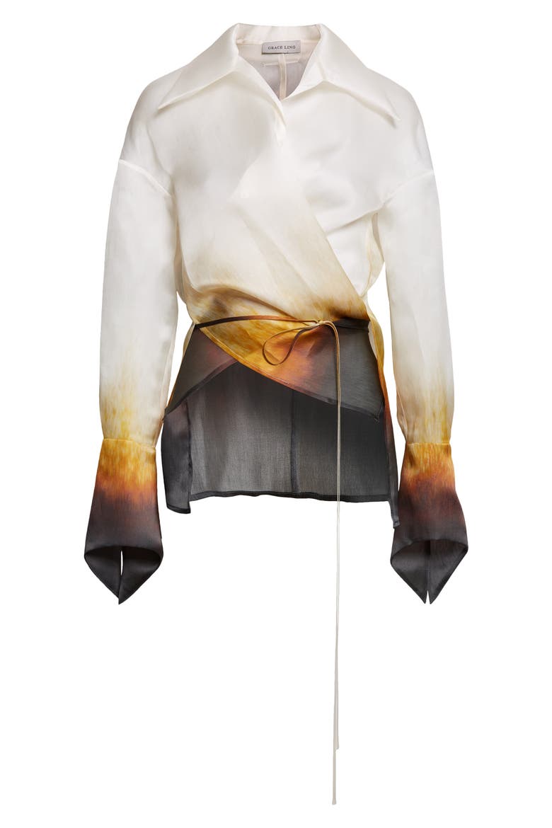 Rust Edge Convertible Silk Organza Wrap Shirt, Alternate, color, IVORY RUST