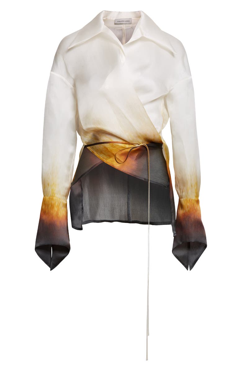 GRACE LING Rust Edge Convertible Silk Organza Wrap Shirt, Alternate, color, Ivory Rust