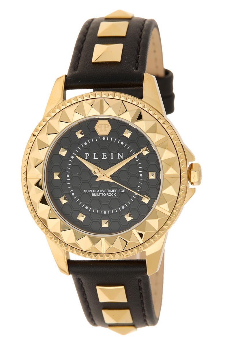 PHILIPP PLEIN Lady Rock Pyramid Stud Leather Strap Watch, 38mm, Main, color,