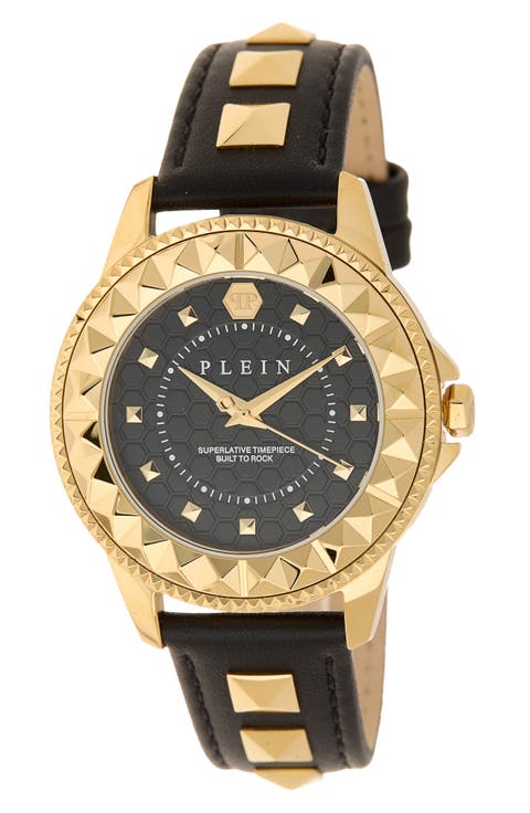 Lady Rock Pyramid Stud Leather Strap Watch, 38mm