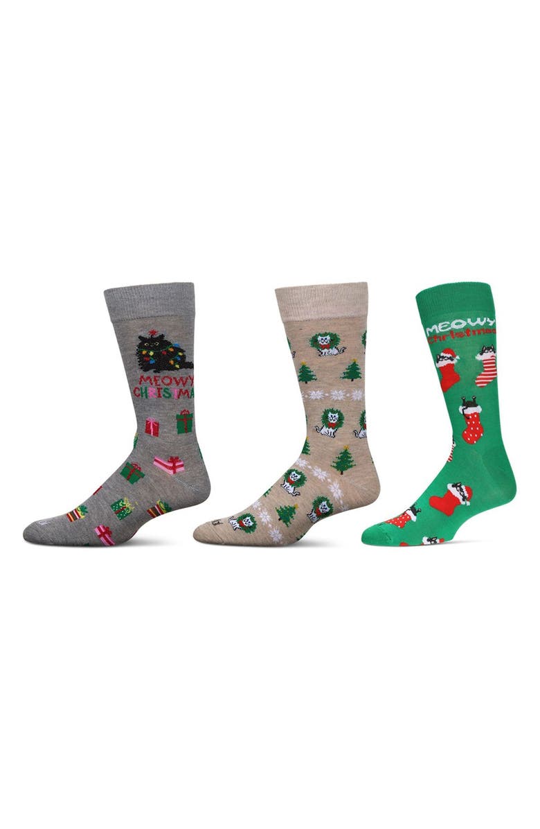 MeMoi Assorted 3-Pack Christmas Crew Socks, Alternate, color, Black/ Nude