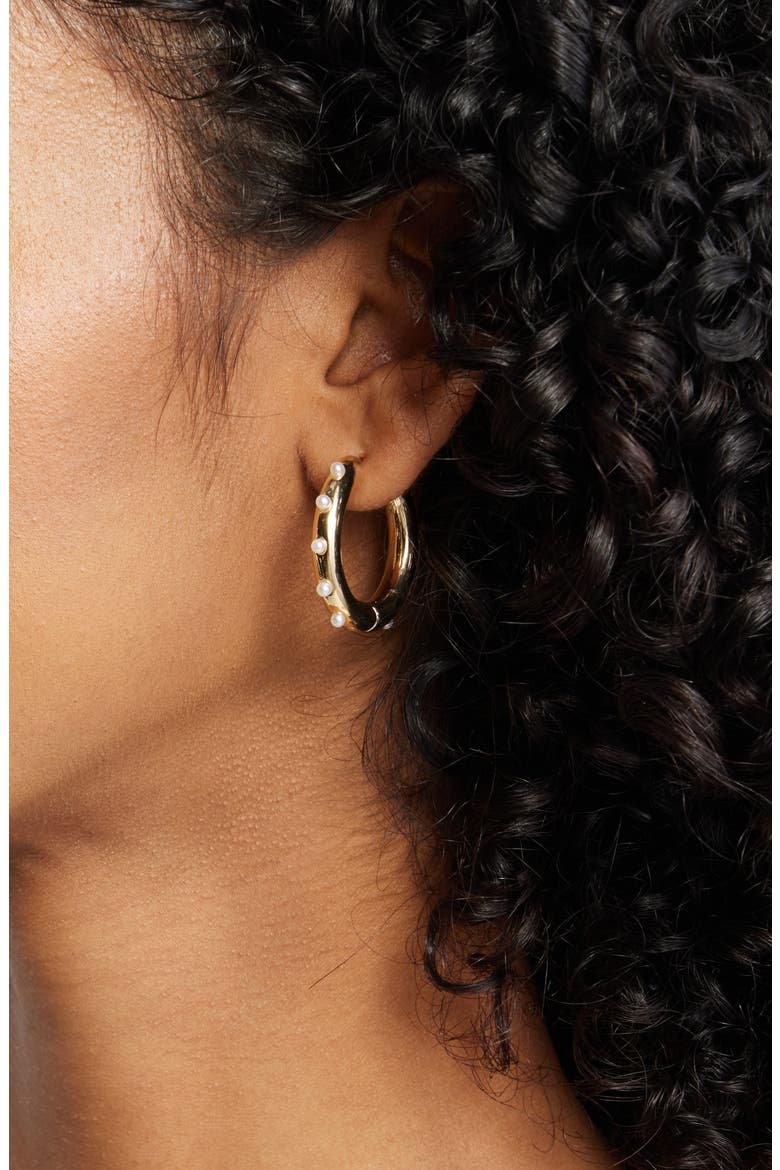 Cultured Pearl Studded Hoop Earrings, Alternate, color, WHITE- GOLD