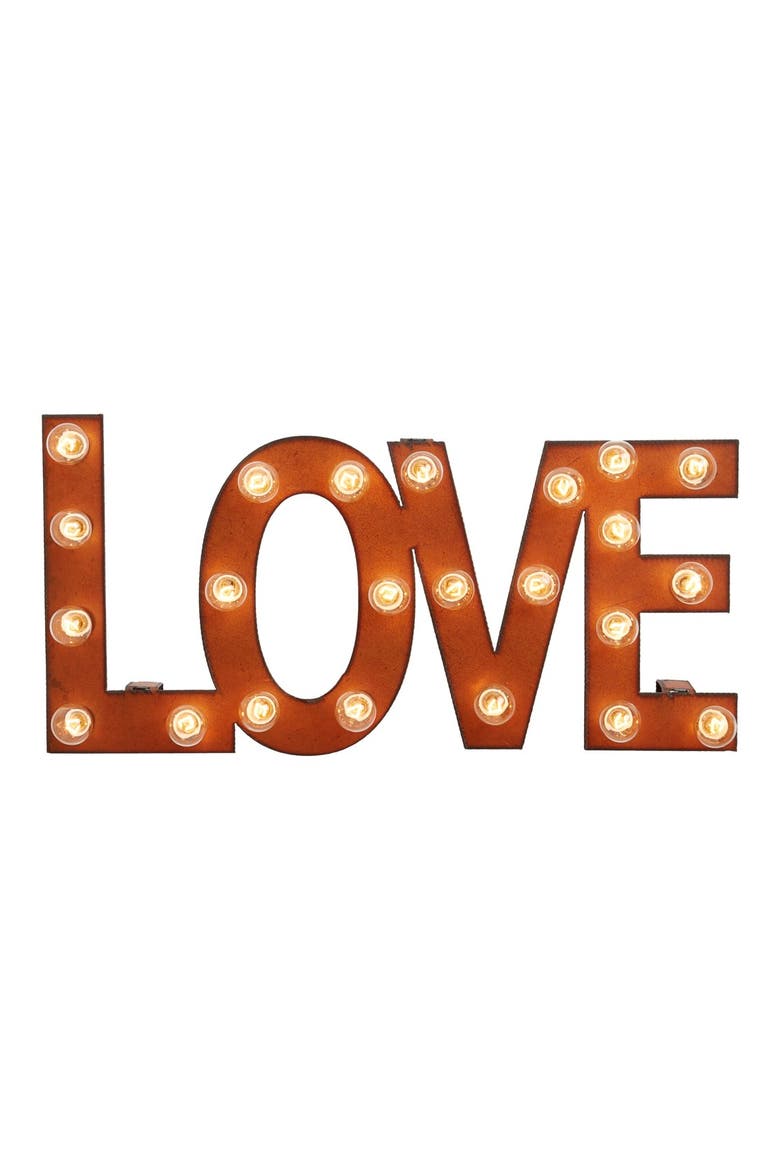 'Marquee Lights - Love' Recycled Metal Sign, Main, color, BROWN