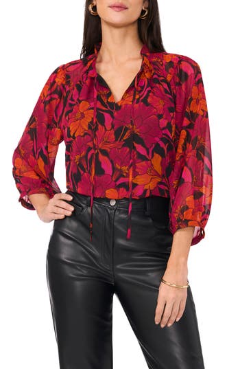 Vince Camuto Floral Print Raglan Sleeve Shirt In Red