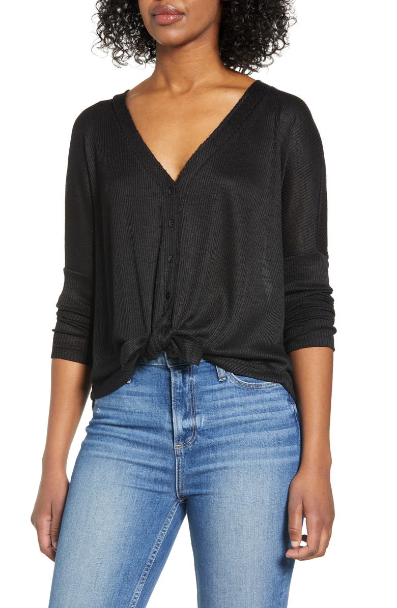 Bobeau Ribbed Tie Front Top, Main, color, 