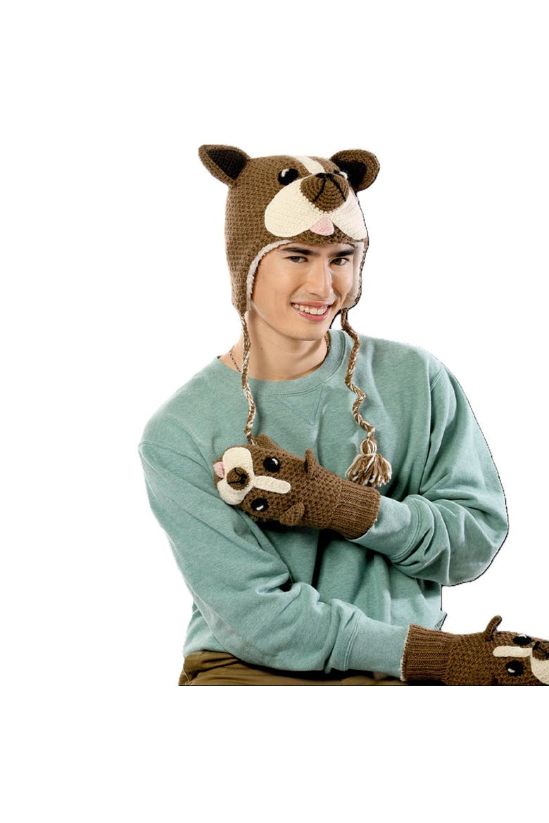 Crochet Bulldog Hat, Alternate, color, Brown