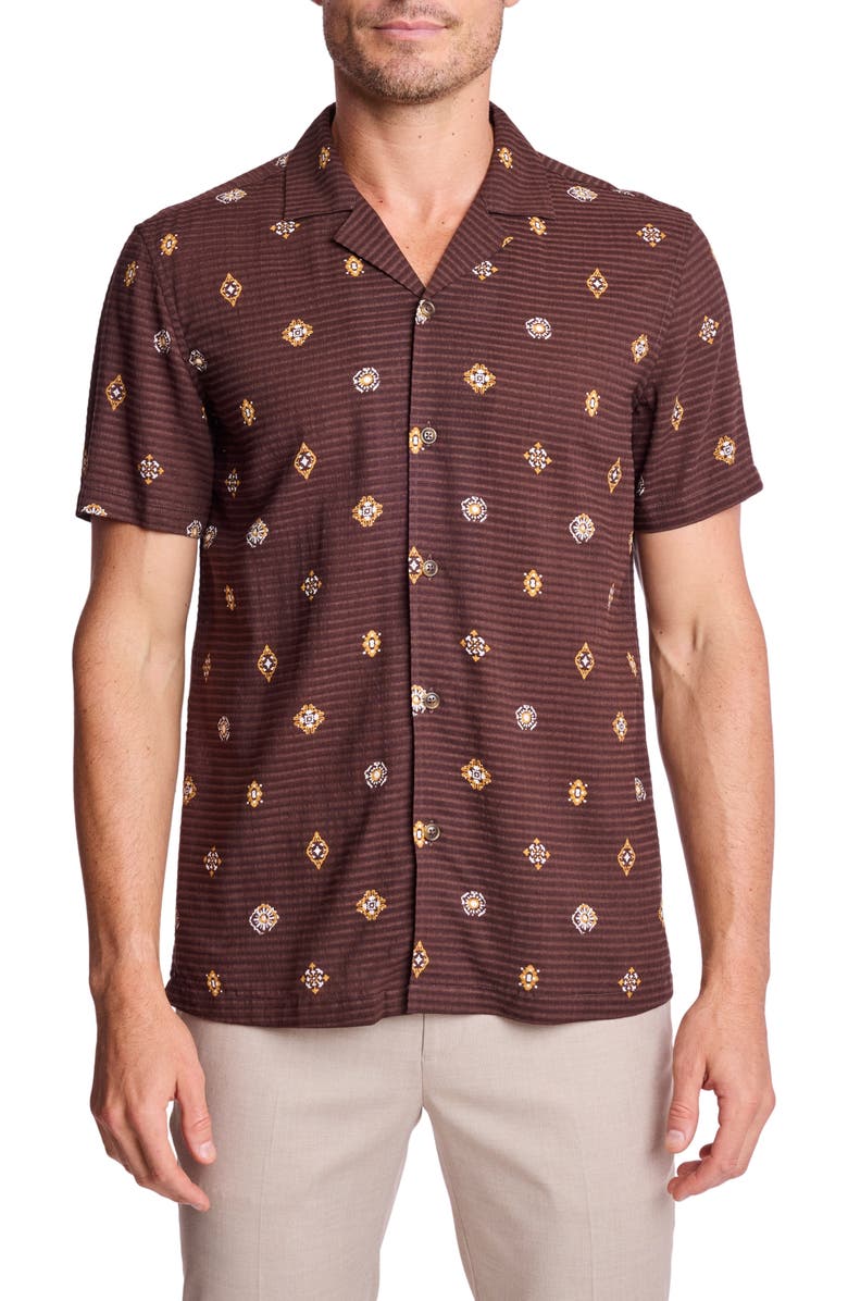 PAISLEY & GRAY Ornate Cotton Blend Camp Shirt, Main, color, Golden Brown Seersucker