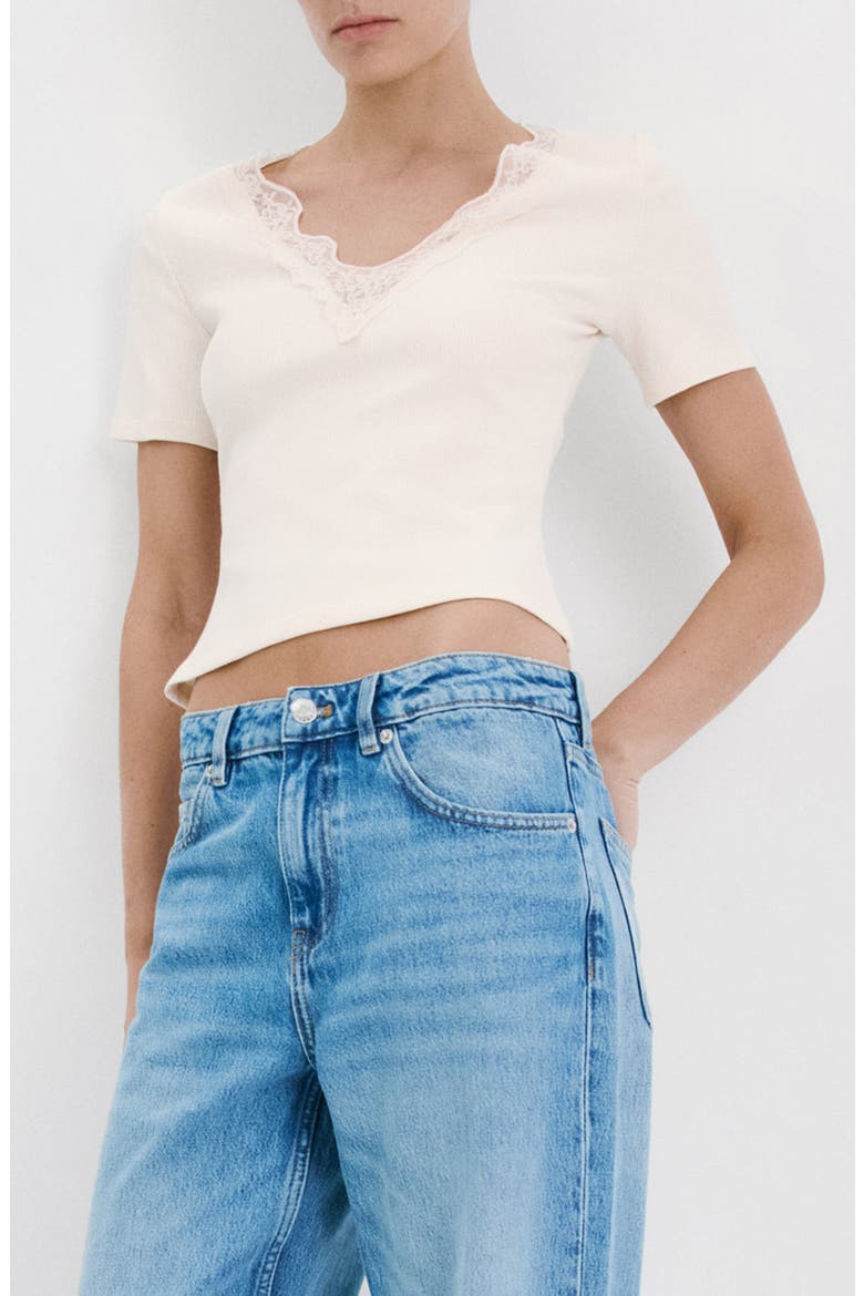 Lace Trim Rib Knit Crop Top, Main, color, ECRU