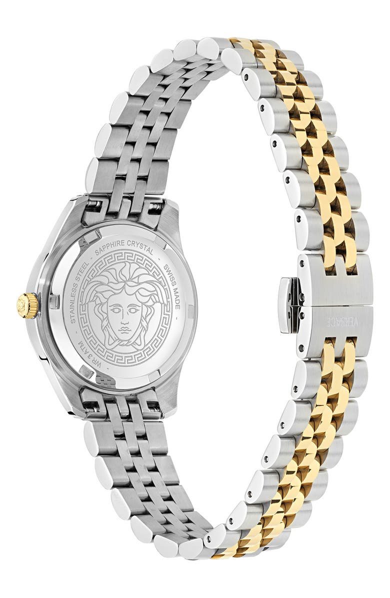 Versace Greca Time Diamond Bracelet Watch, 30mm, Alternate, color, White/ Two Tone