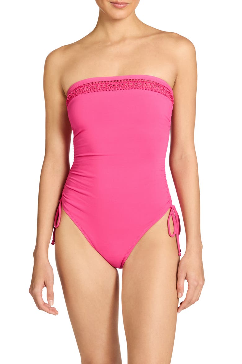 Isabelle Ruched Strapless One-Piece Swimsuit, Main, color, STRAWBERRY