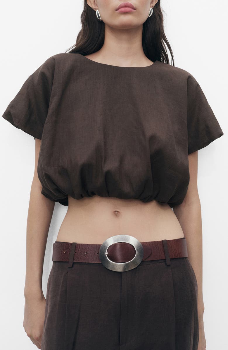 MANGO Puff Sleeve Crop Top, Main, color, Brown
