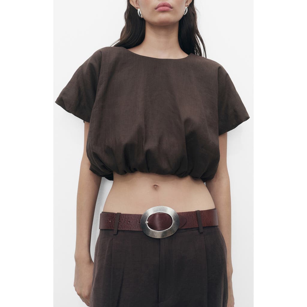 Mango Puff Sleeve Crop Top In Brown