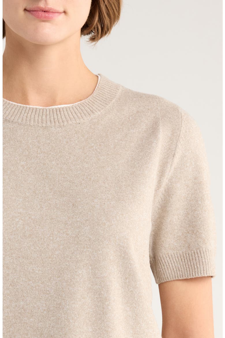 Contrast Detail Short Sleeve Sweater, Alternate, color, LIGHT HEATHER TAUPE