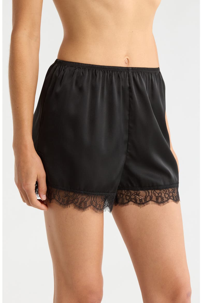 Scalloped Lace Trim Satin Tap Shorts, Alternate, color, BLACK