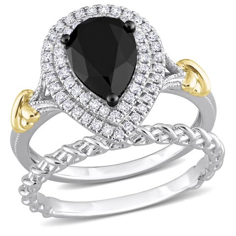 Black & White Diamond Pear Halo Ring Set 14k
