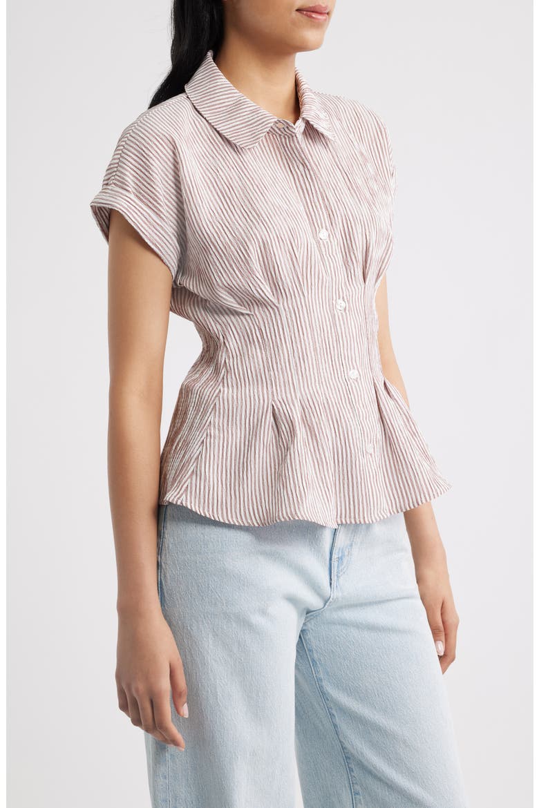 Pleat Stripe Button-Up Shirt, Alternate, color, CREAM/ BRANDY BROWN