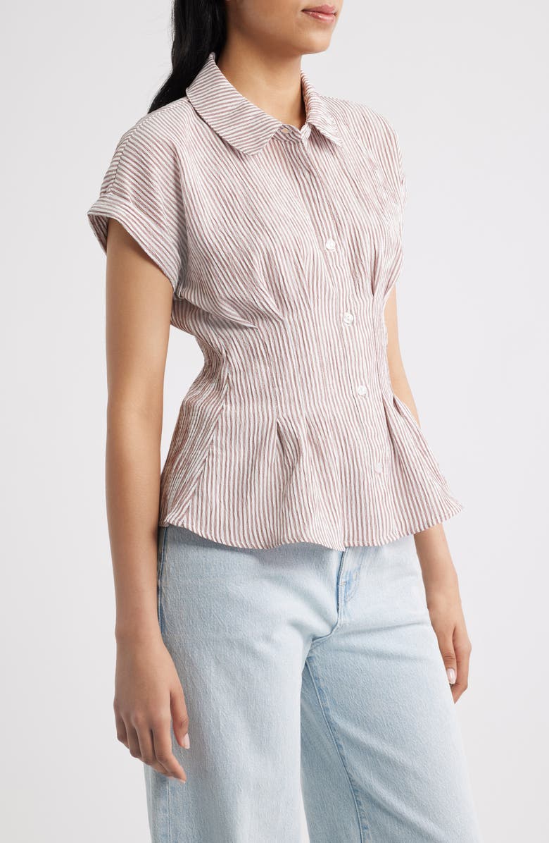 Bobeau Pleat Stripe Button-Up Shirt, Alternate, color, Cream/ Brandy Brown
