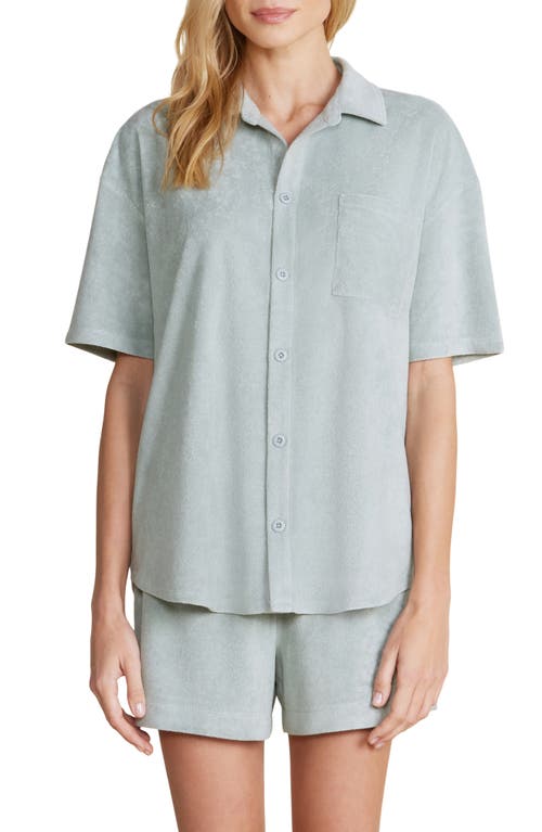 Shop Barefoot Dreams Cozy Terry® Short Sleeve Button-up Shirt In Beach Glass