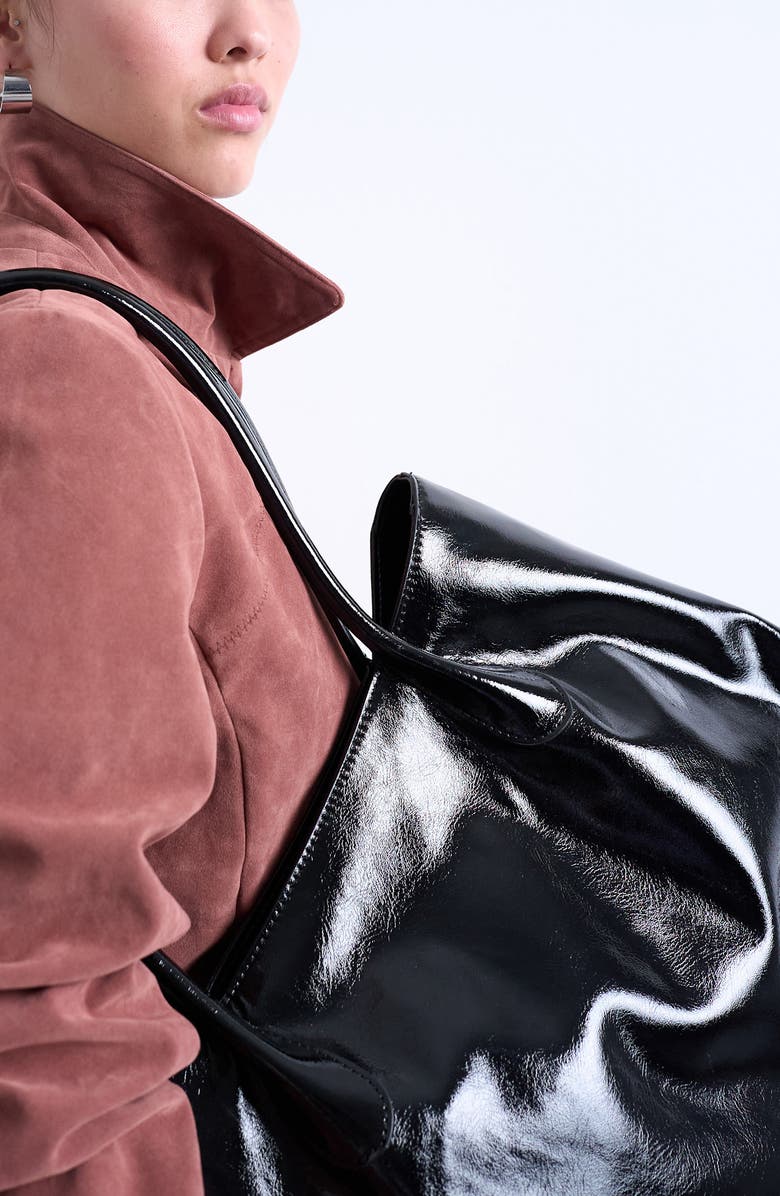 Topshop Tubler Patent Faux Leather Tote, Alternate, color, Black