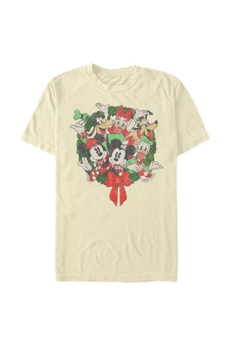 Men's Mickey & Friends Christmas Group Shot Wreath Graphic Tee, Main, color, Beige