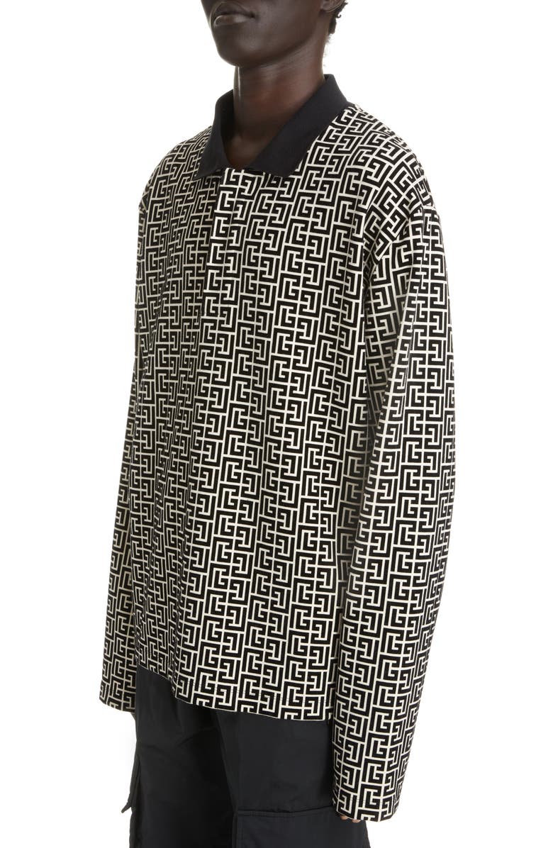 Balmain Monogram Jacquard Long Sleeve Polo, Alternate, color, 