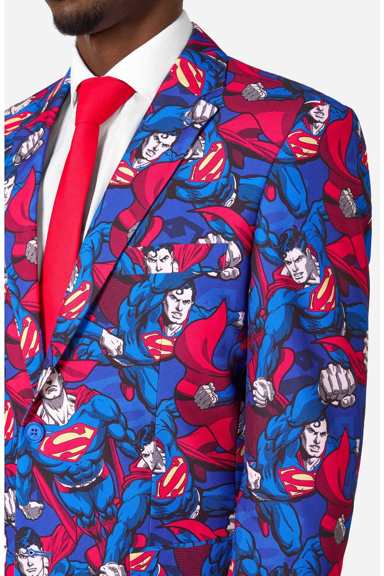 x Superman The Man of Steel Slim Fit Two-Piece Suit & Tie Set, Alternate, color, BLUE MULTI
