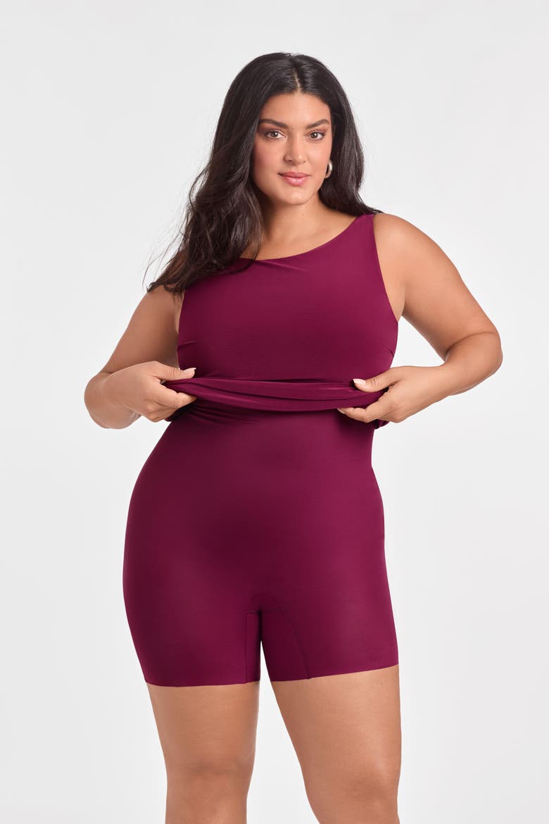 Sculpting Shapewear Shirred V-Neck Long Sleeve Solid Maxi Dress, Alternate, color, Cherry Mocha