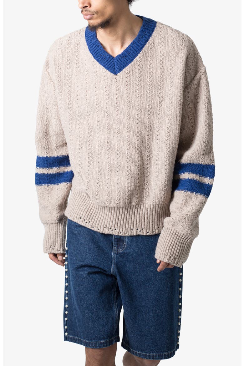 Varsity V-Neck Sweater, Alternate, color, OFF WHITE/ BLUE