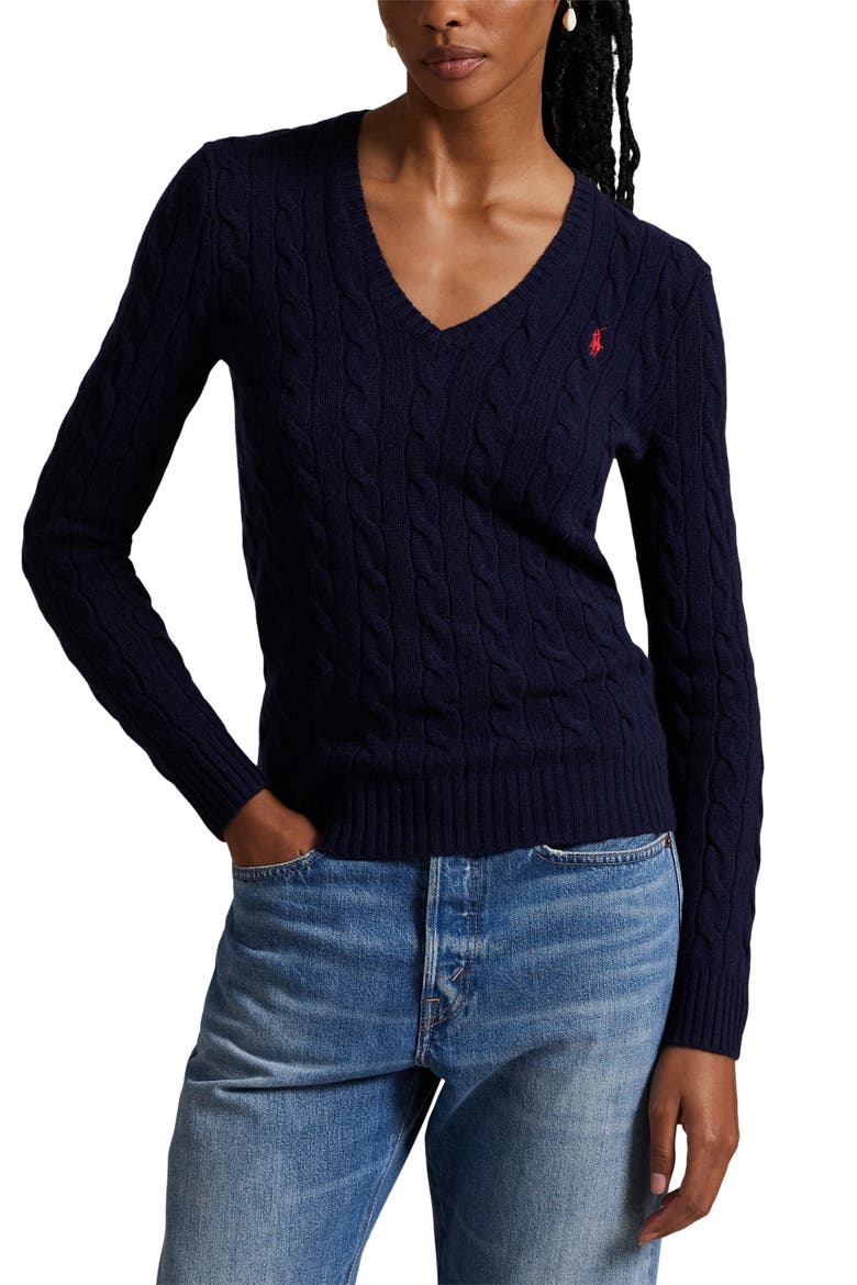 Kimberly Cable Wool & Cashmere V-Neck Sweater, Main, color, HUNTER NAVY