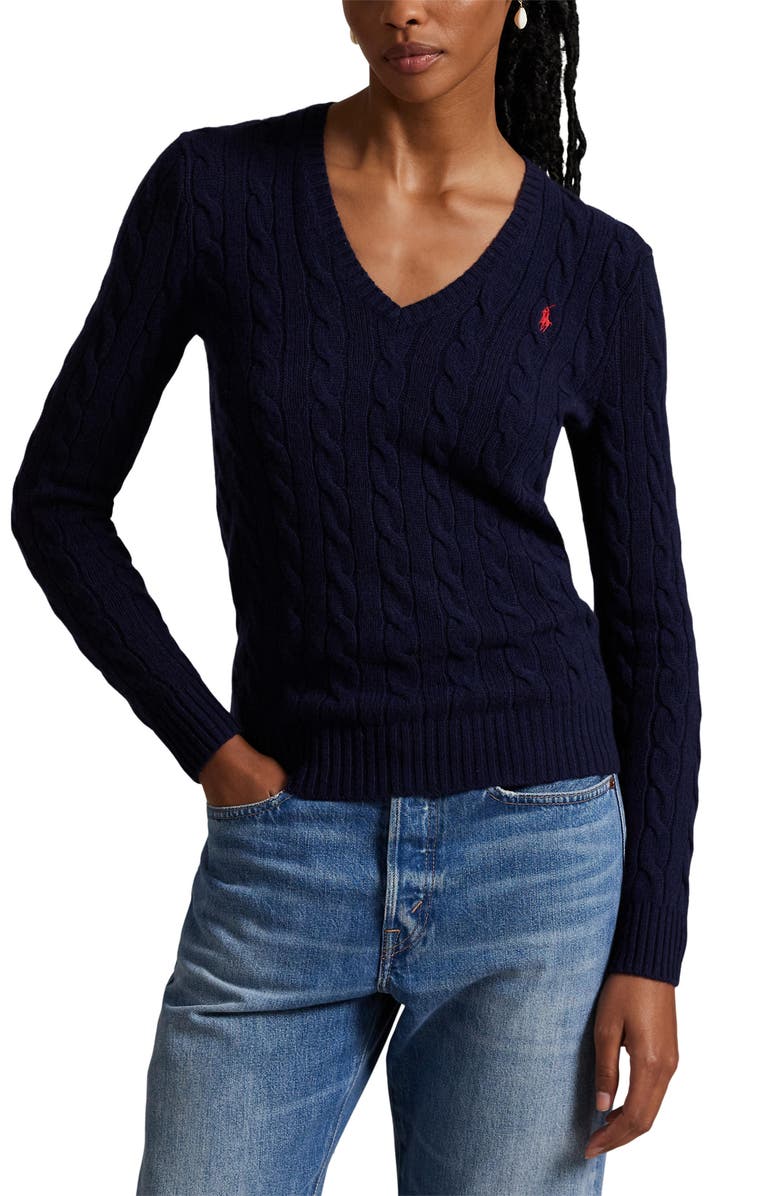 Polo Ralph Lauren Kimberly Cable Wool & Cashmere V-Neck Sweater, Main, color, Hunter Navy
