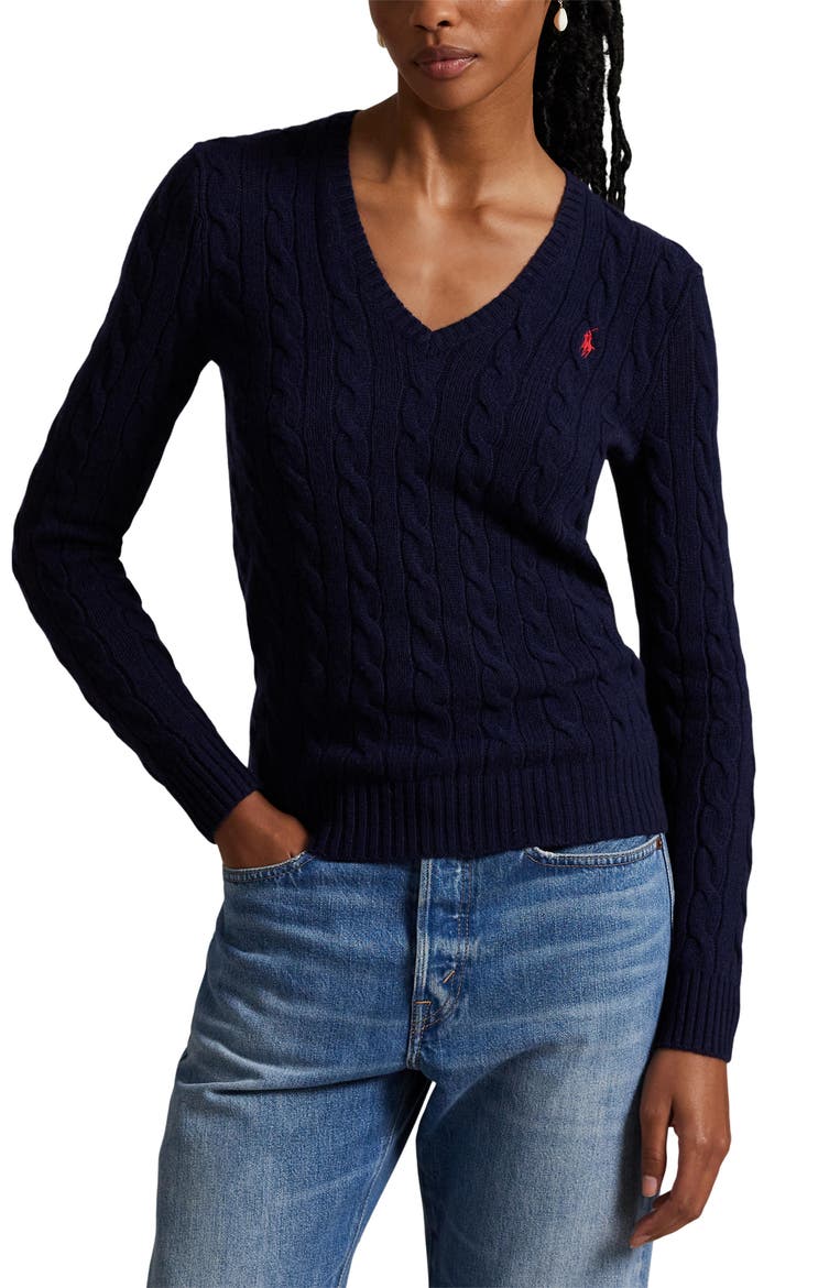 Polo Ralph Lauren Kimberly Cable Wool Cashmere V Neck Sweater Women Polo Ralph Lauren Kimberly Cable Wool Cashmere V Neck Sweater Women