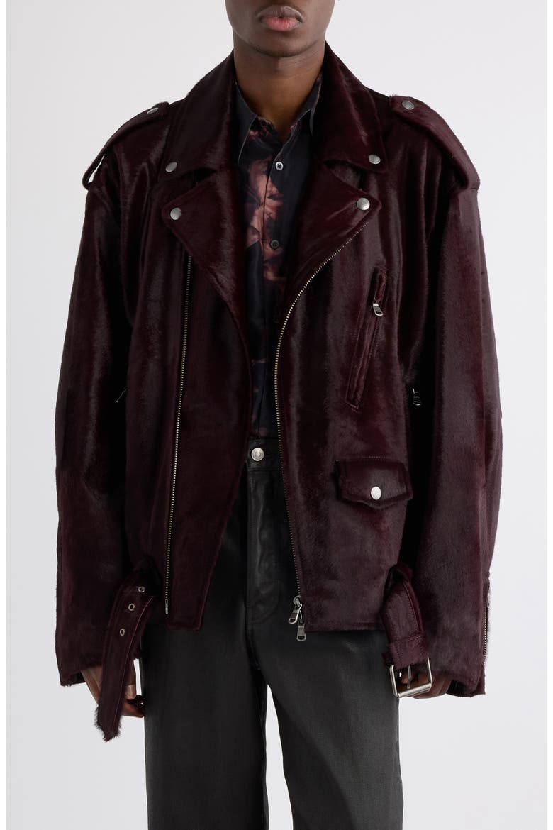 Genuine Calf Hair Biker Jacket, Main, color, BURGUNDY