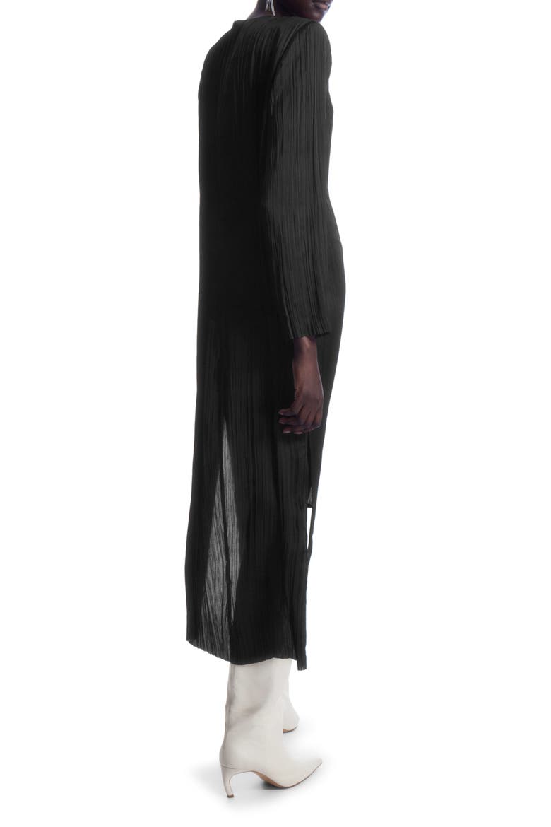 Long Sleeve Recycled Polyester Plissé Midi Dress, Alternate, color, BLACK DARK