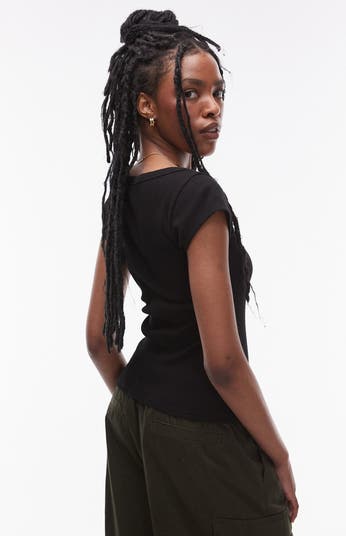 Square Neck Cap Sleeve Rib Top