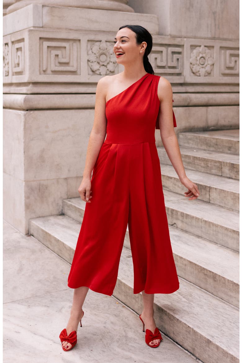 Carmen One-Shoulder Crepe Jumpsuit, Alternate, color, RUBY