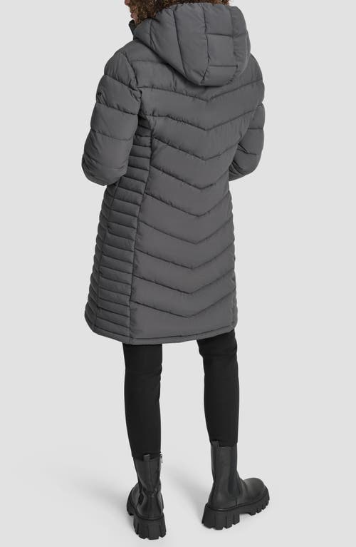 Dkny Cire Packable Hooded Longline Puffer Jacket In Gray
