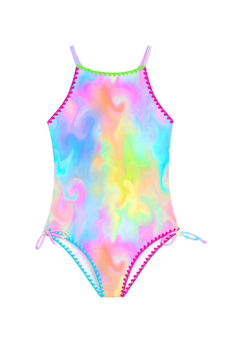 Marble Printed One Piece Swimsuit with Embroidered Trim, Alternate, color, Pink Multi