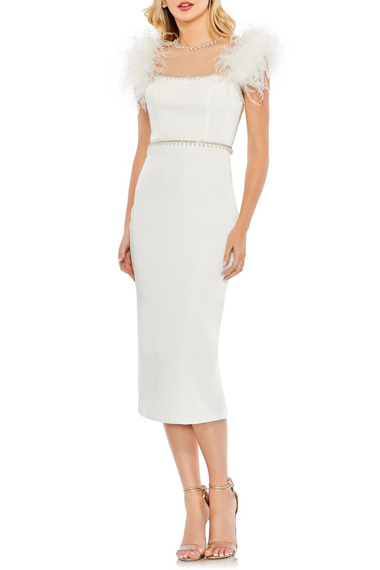 Feather Cap Sleeve Pearl Embellished Midi Dress, Main, color, WHITE