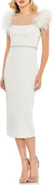 Mac Duggal Feather Cap Sleeve Pearl Embellished Midi Dress