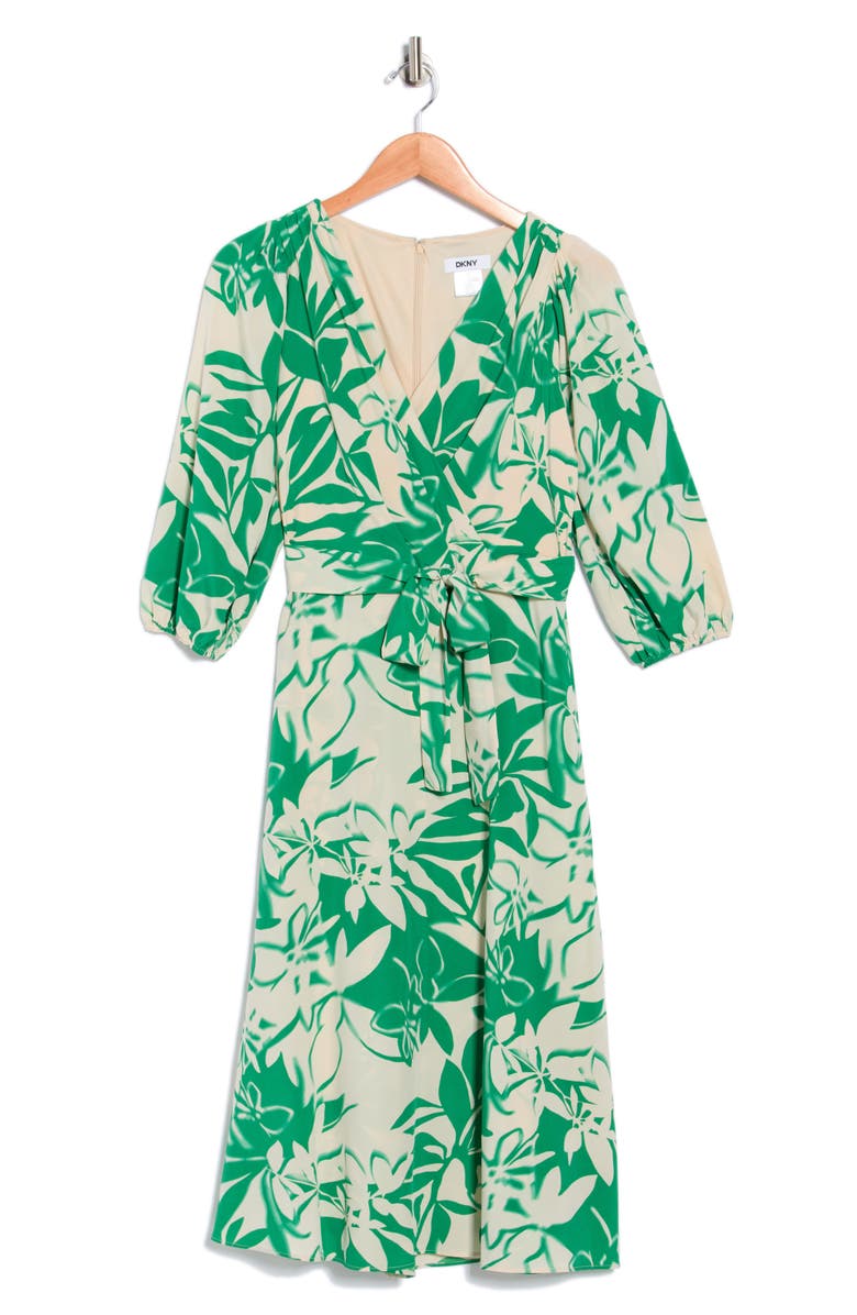 DKNY Balloon Sleeve Faux Wrap Midi Dress, Alternate, color, Whitney Botanical