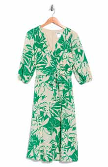 DKNY Balloon Sleeve Faux Wrap Midi Dress